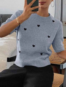 Womens Crew-Neck Pullover Heart Jacquard Knitted Sweater
