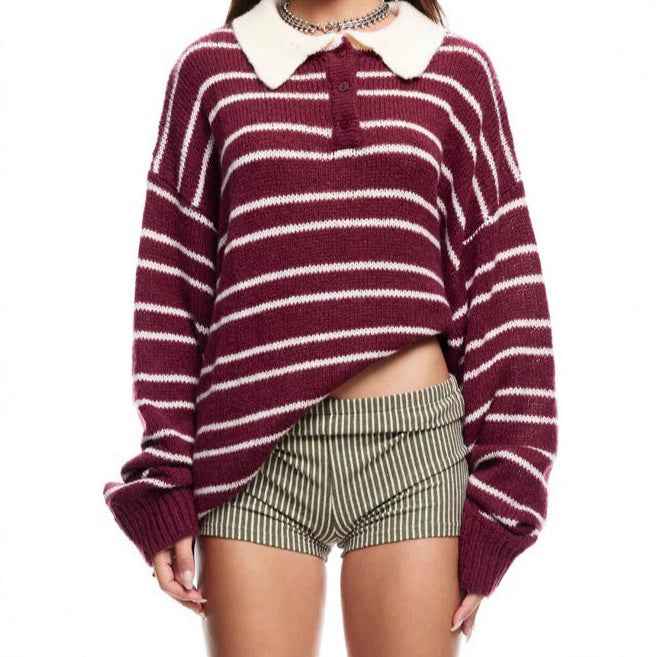 American Retro Preppy-Style Color-Block Striped Lapel Knit Sweater