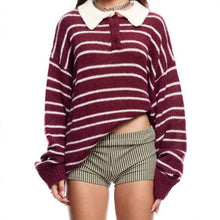 American Retro Preppy-Style Color-Block Striped Lapel Knit Sweater