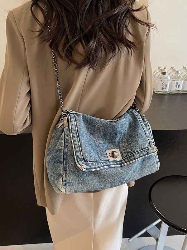 Versatile Denim Tote For Women  Chic Crossbody Bag With Chain Strap, Spacious Casual And Work Purse