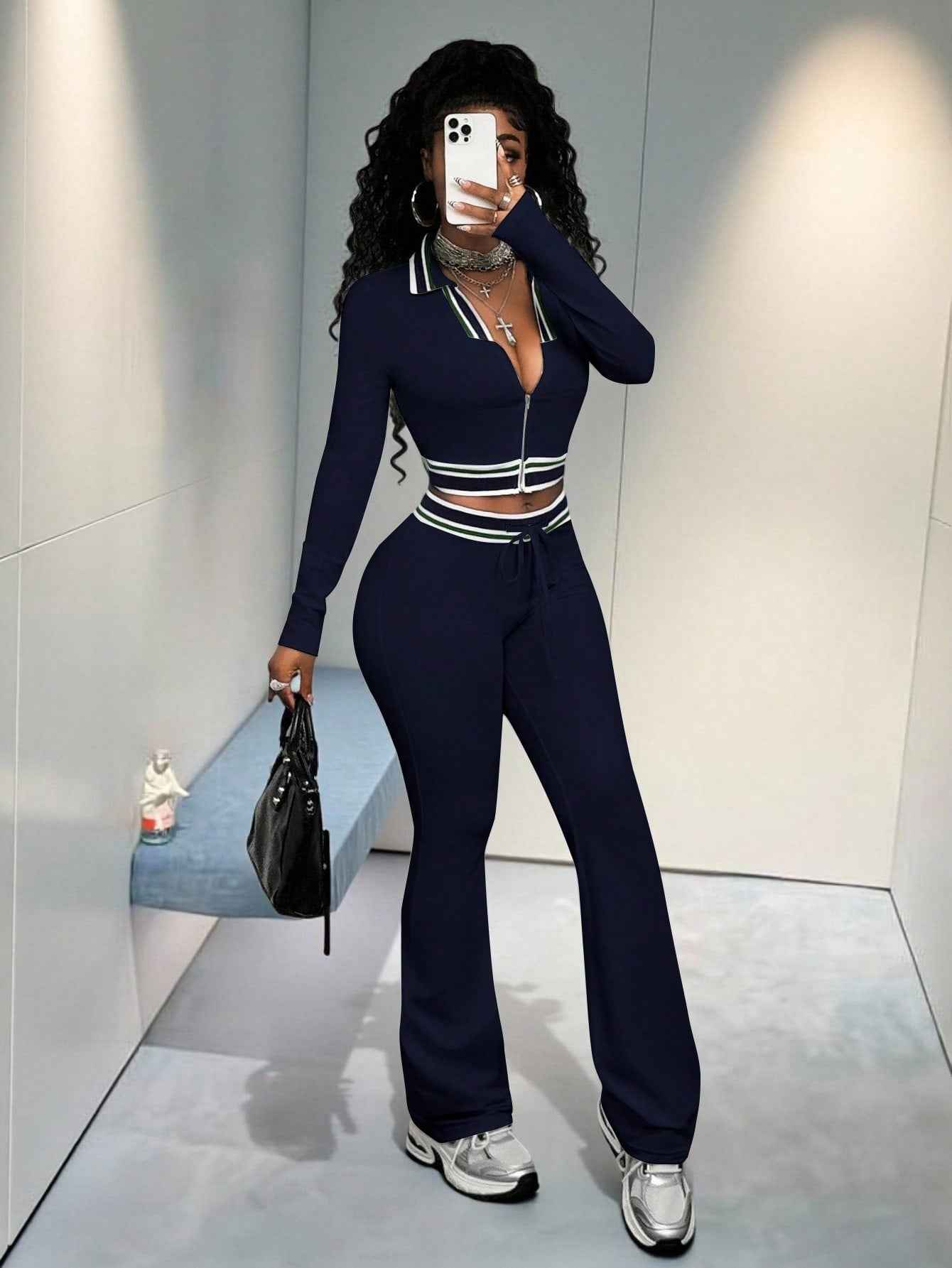 Crop Top And Tight-Fit Casual Sports Two-Piece Set