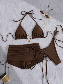 European And American Style Three-Piece Bikini Set Retro Solid-Color Lace-Up Womens Swimsuit