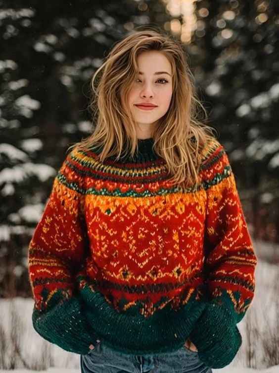 Womens Printed Crew-Neck Sweatshirt In A Sweater-Look Style