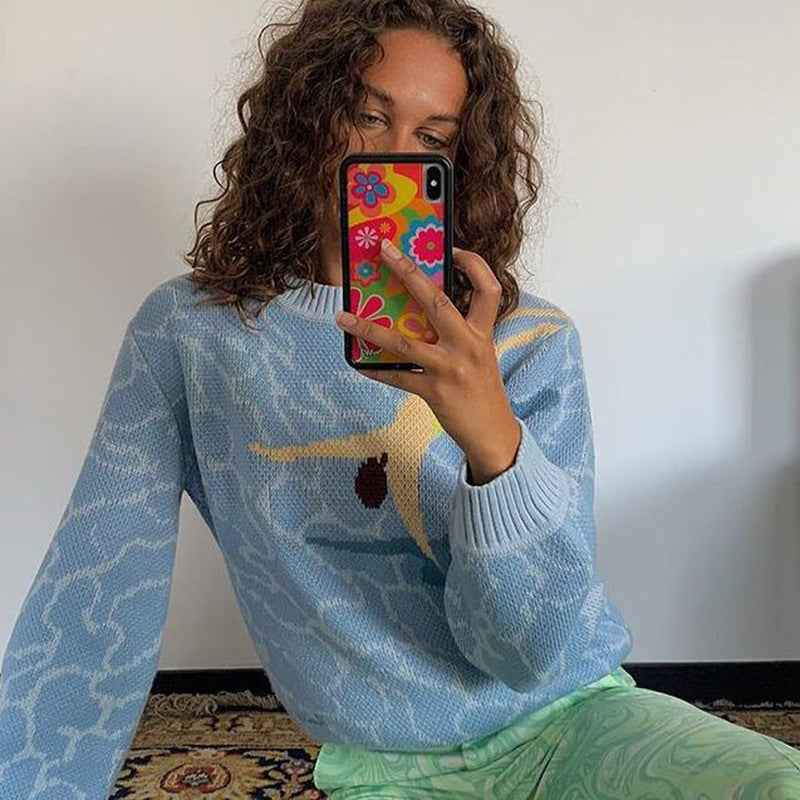 Wave Paisley Print Oversized Sweaters Long Sleeve Autumn Winter Jumpers
