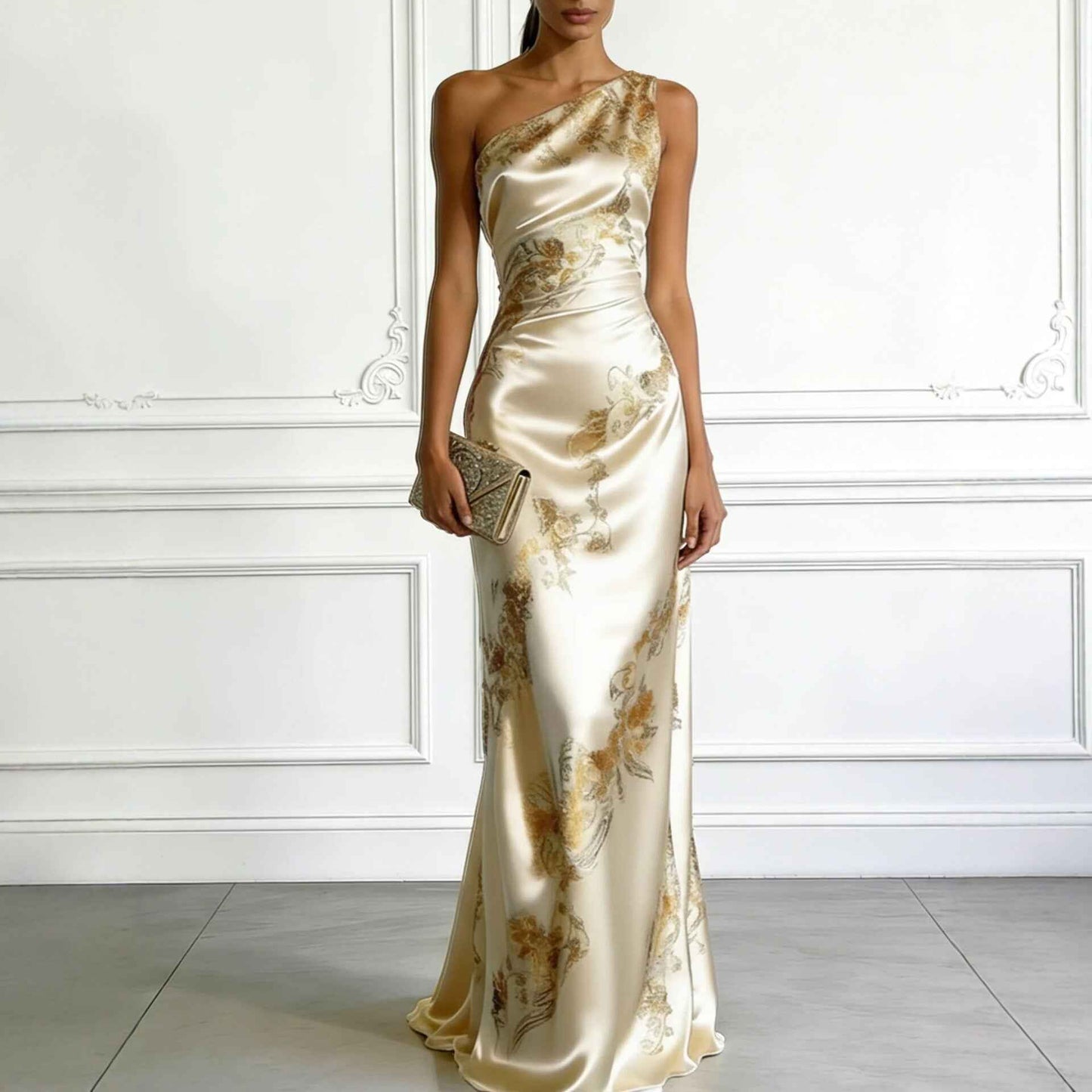 Golden Printed Off-Shoulder Slim-Fit Long Dress