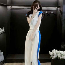 Women's Summer High-End Contrasting Color Short-Sleeve Top And High-Waist Wide-Leg Pants Two-Piece Set