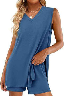 Casual Fashion V-neck Sleeveless Top And Shorts Set With Pockets