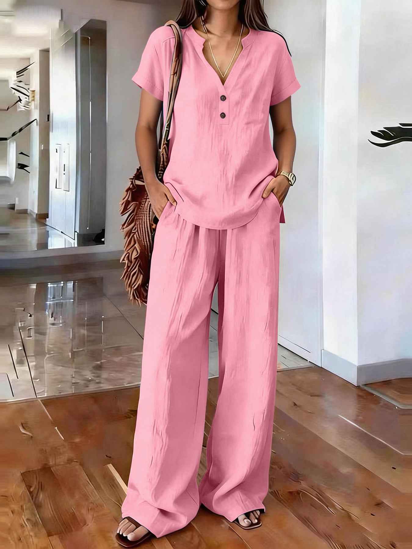 Women's Casual Solid-Colored Cotton And Linen Set