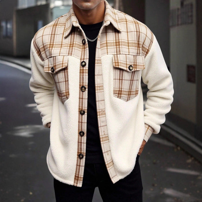 Mens Plaid Plush Patchwork Jacket Coat