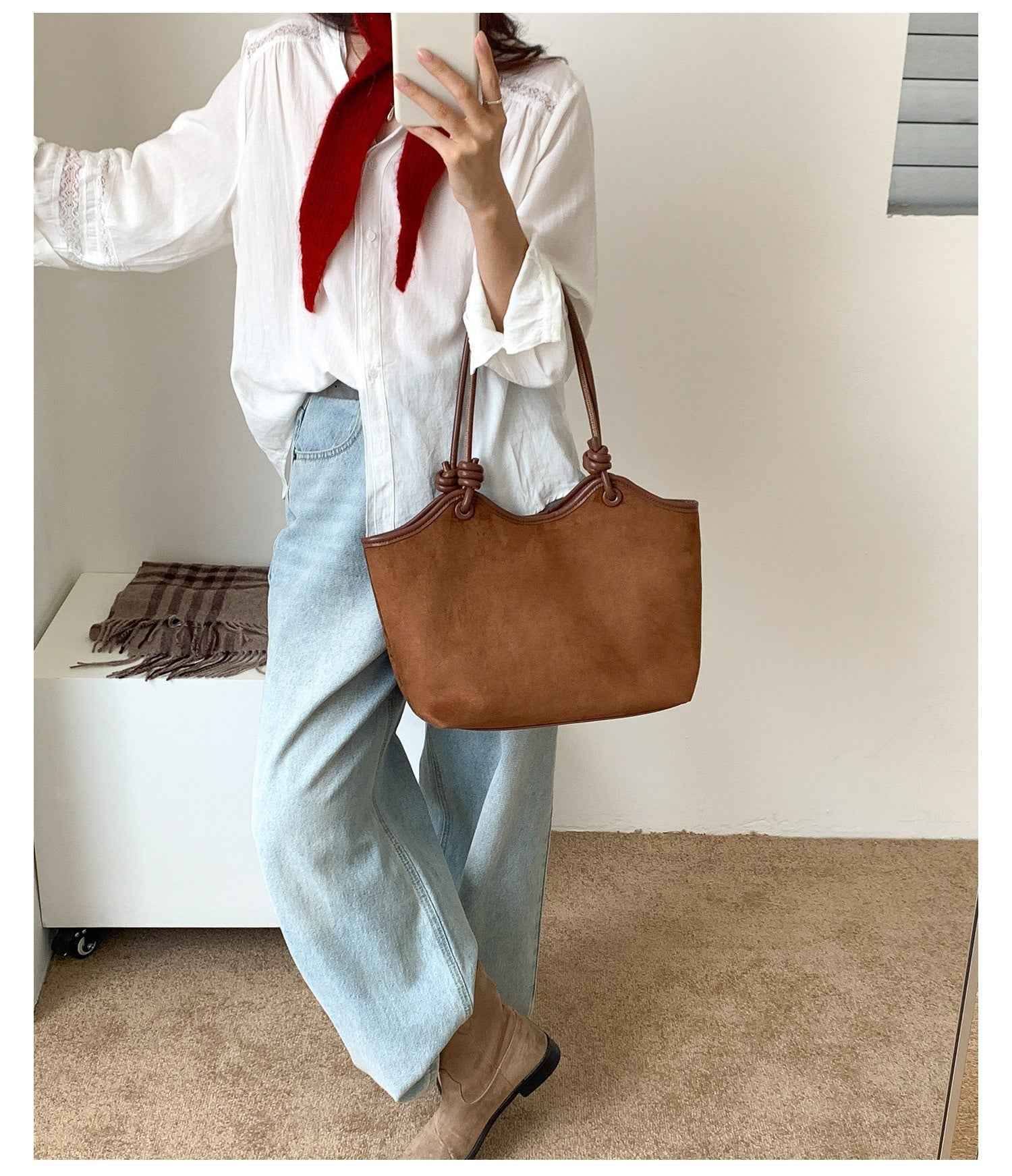 Retro Western-style Solid-color Suede-velvet Shoulder And Tote Bag For Women
