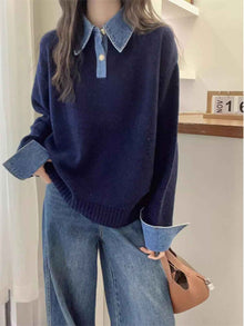 Women's Denim Sleeve Stitching Fake Two Pieces Sweaters Coat New Loose