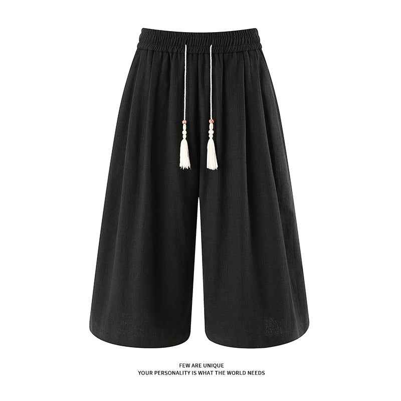 Retro Cotton-linen Wide-leg Casual Capri Pants