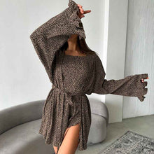 Leopard-print Long-sleeve Nightgown, Lingerie, And Shorts Three-piece Set