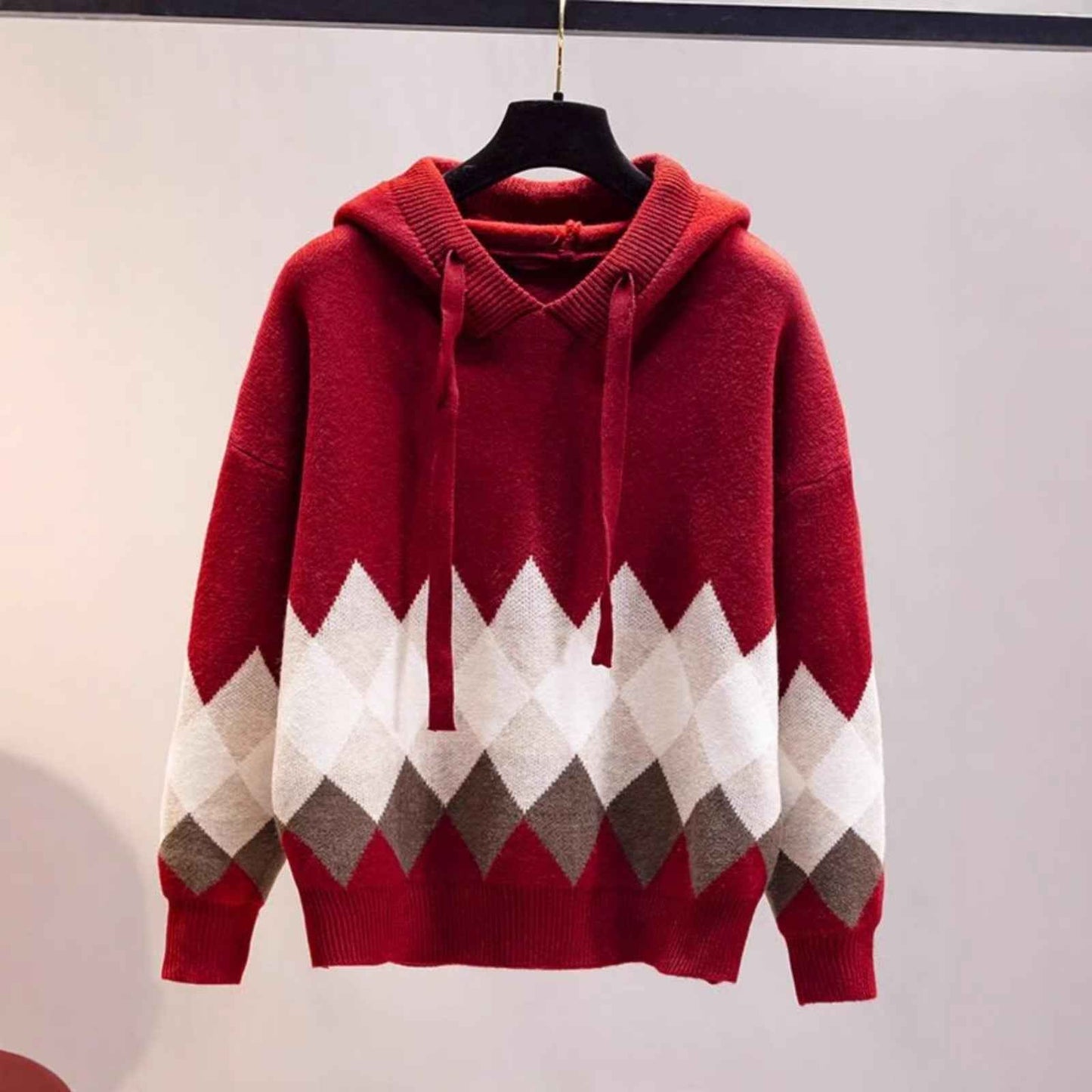 European And American-style Hooded Sweater Loose-fit Diamond-patterned Base Knit Top