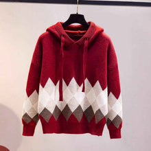 European And American-style Hooded Sweater Loose-fit Diamond-patterned Base Knit Top