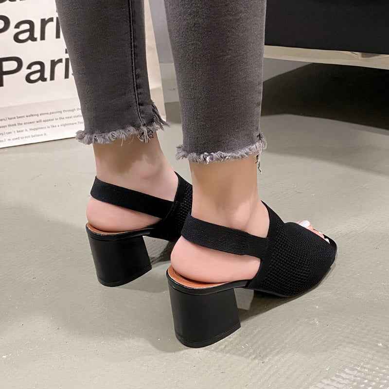 European And American Flying Woven High Heel Chunky Heel Sandals For Women
