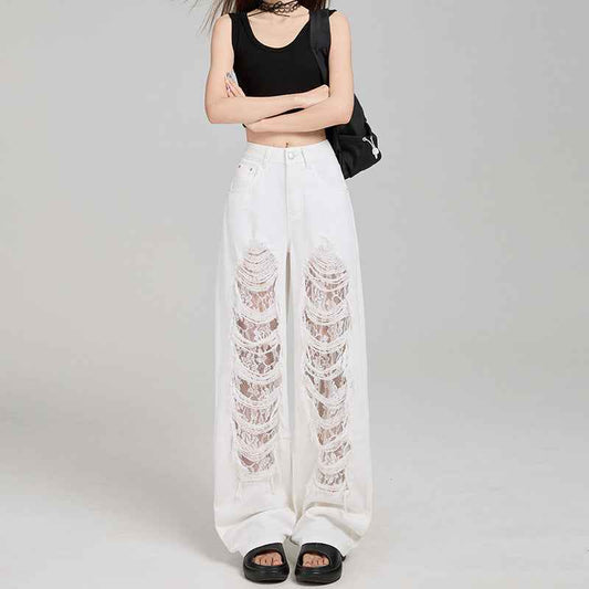 Women's Off-White Ripped Lace High-Waist Loose Denim Jeans