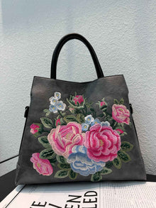 Tote Bag With Embroidered Peony Flowers Ethnic-style Textured Design