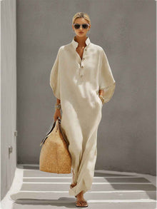 Womens Stand Collar Button-Down Loose Straight Long Dress