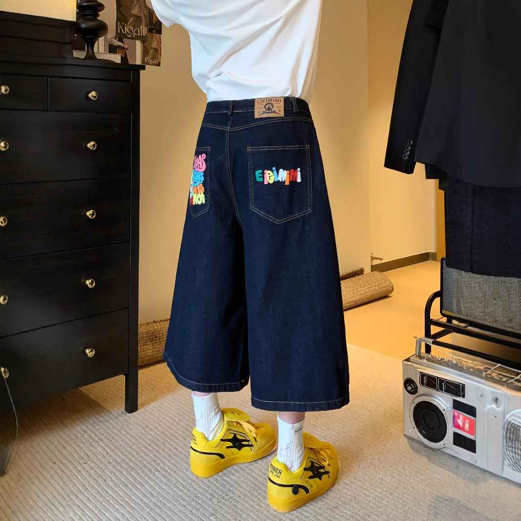 Printed Utility Overalls Versatile Straight-leg Cropped Denim Shorts