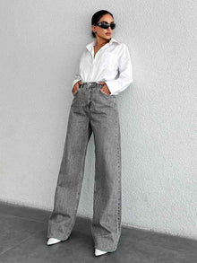 Silver-gray Straight-leg Womens Springfall Denim Jeans With A Draped Versatile Fit High Waist And Slimming Effect