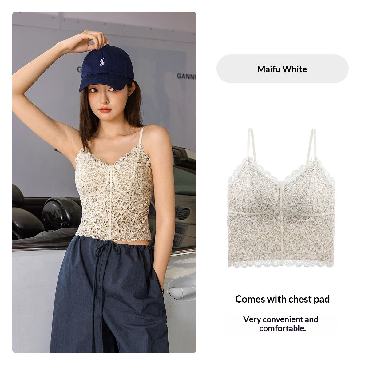 Floral Lace Camisole For Women Padded Mid Length Base Layer