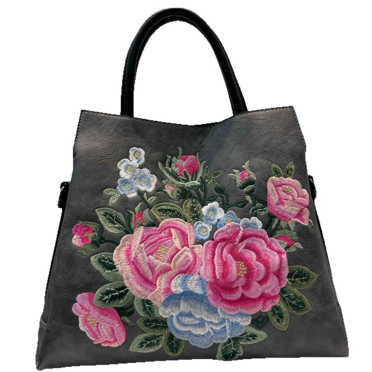 Tote Bag With Embroidered Peony Flowers Ethnic-style Textured Design