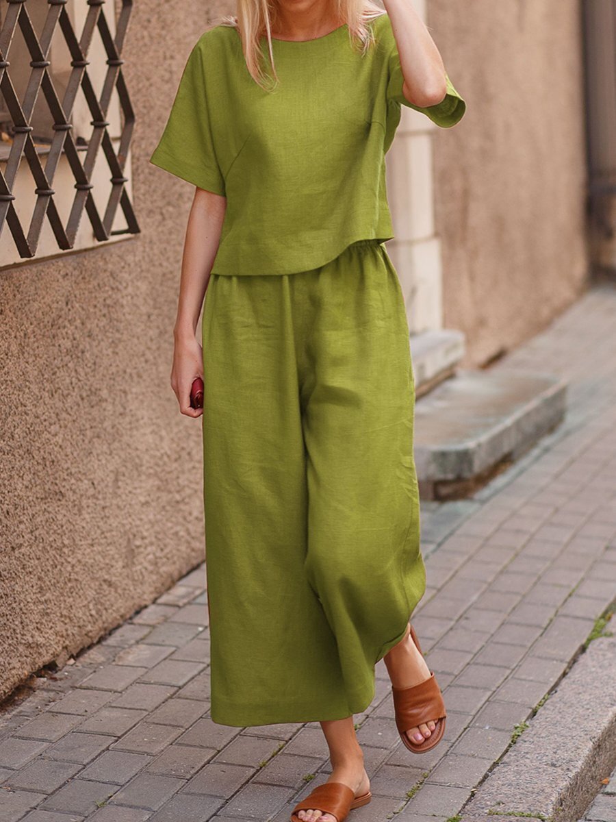 European And American Women's Linen Casual Loose Solid Color Suit Two-piece Women by Mirlaine Univers