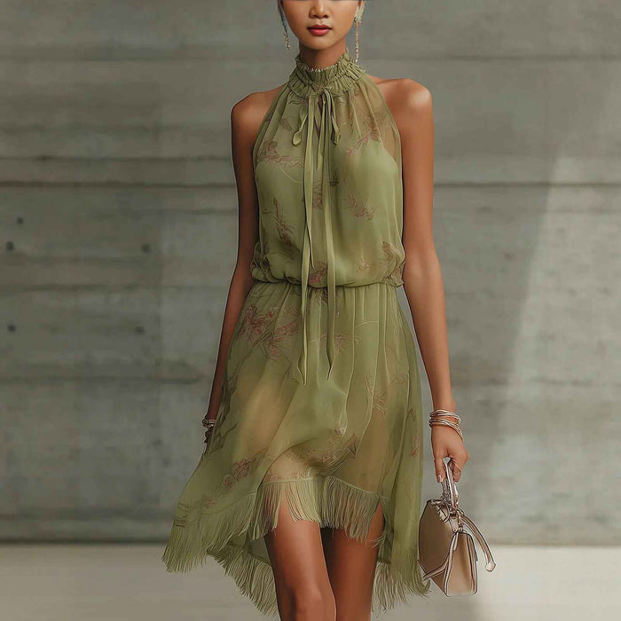 Robe élégante à col en V, taille cintrée et volants