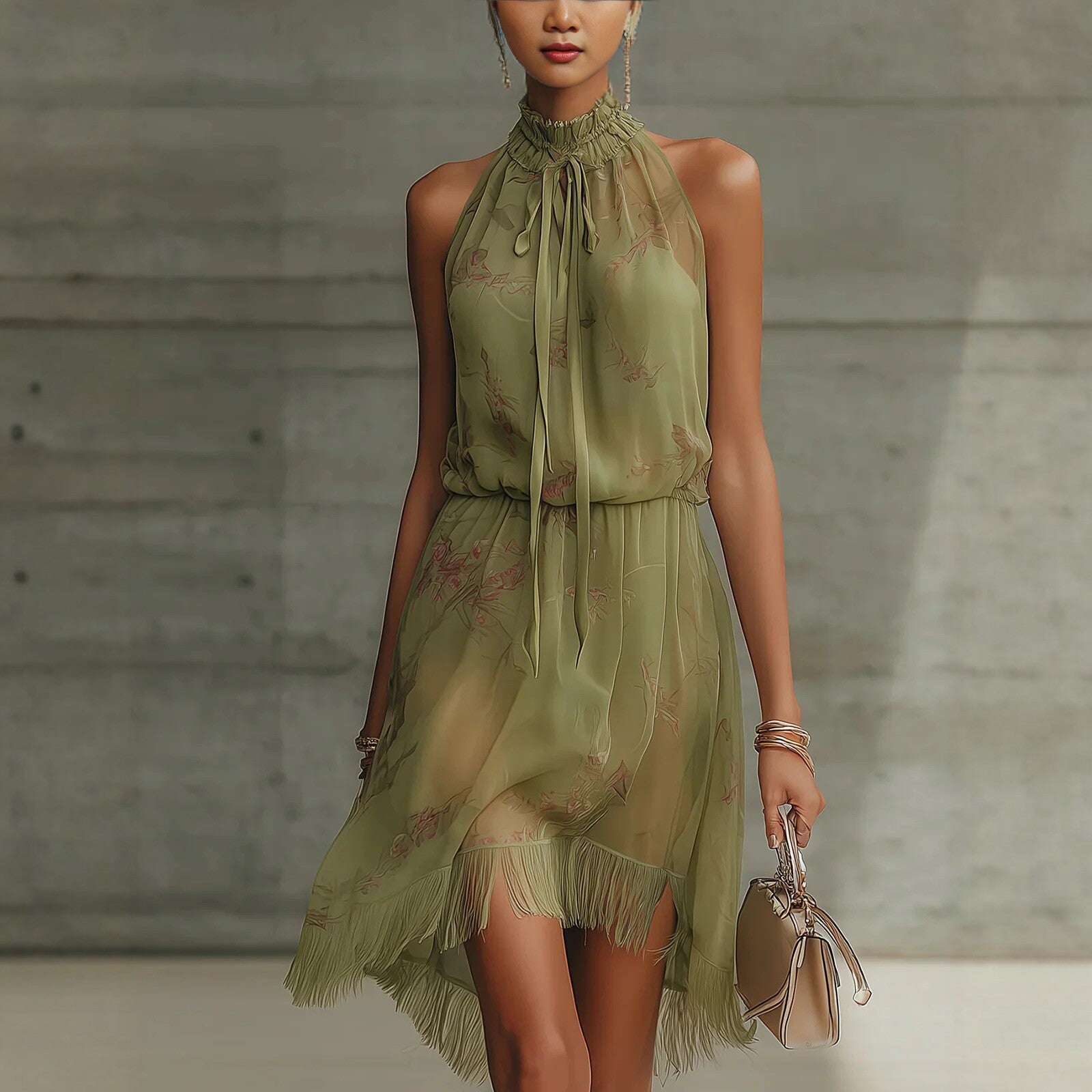 V-neck Waist Trimming Ruffles Elegant Dress by Mirlaine Univers