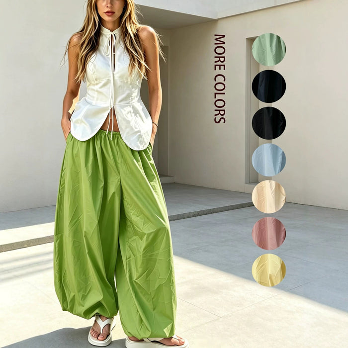 Elastic-waist Figure-flattering Balloon Wide-leg Pants