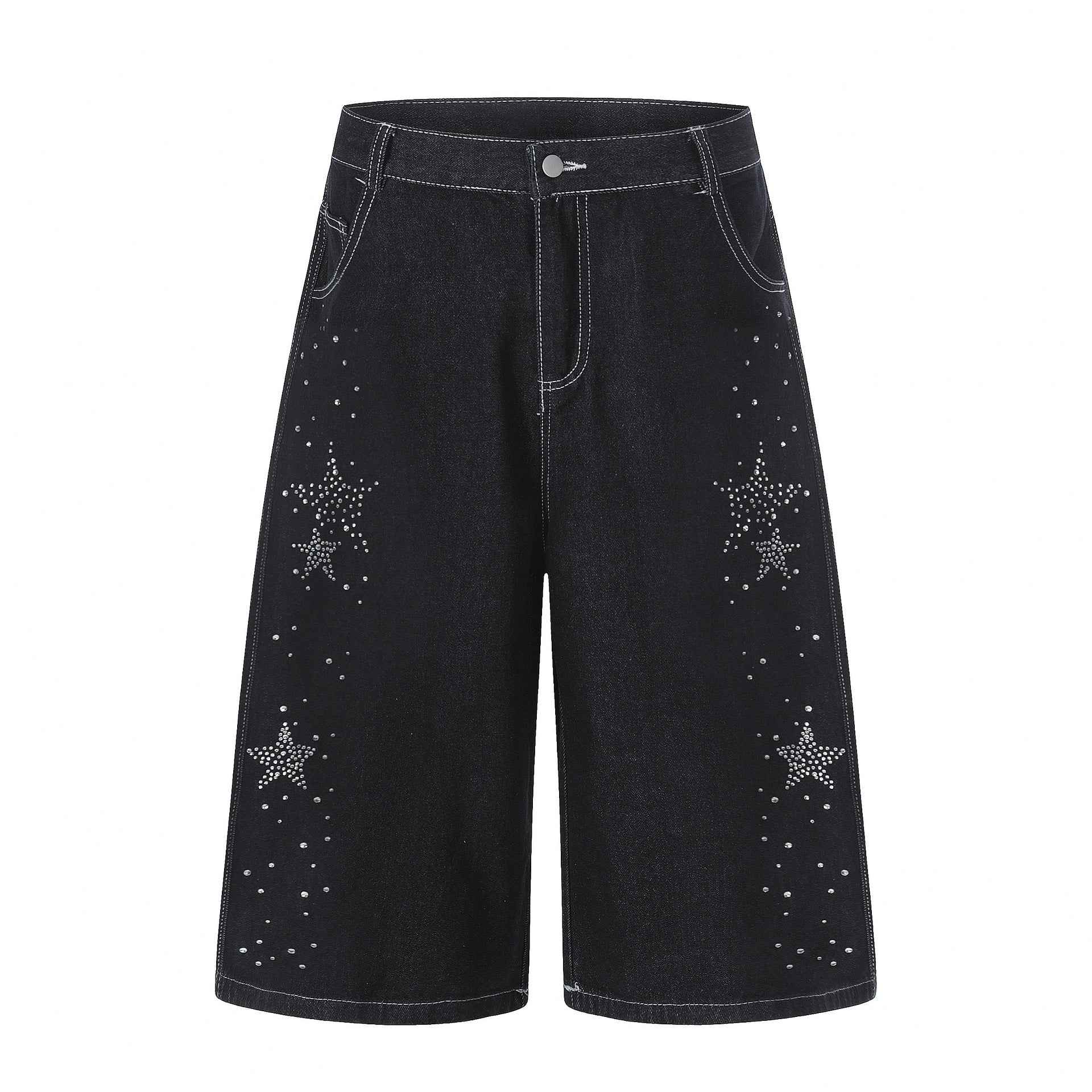 Star-shaped Rhinestone Embellished Capri Denim Shorts Womens Loose-fit