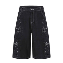 Star-shaped Rhinestone Embellished Capri Denim Shorts Womens Loose-fit