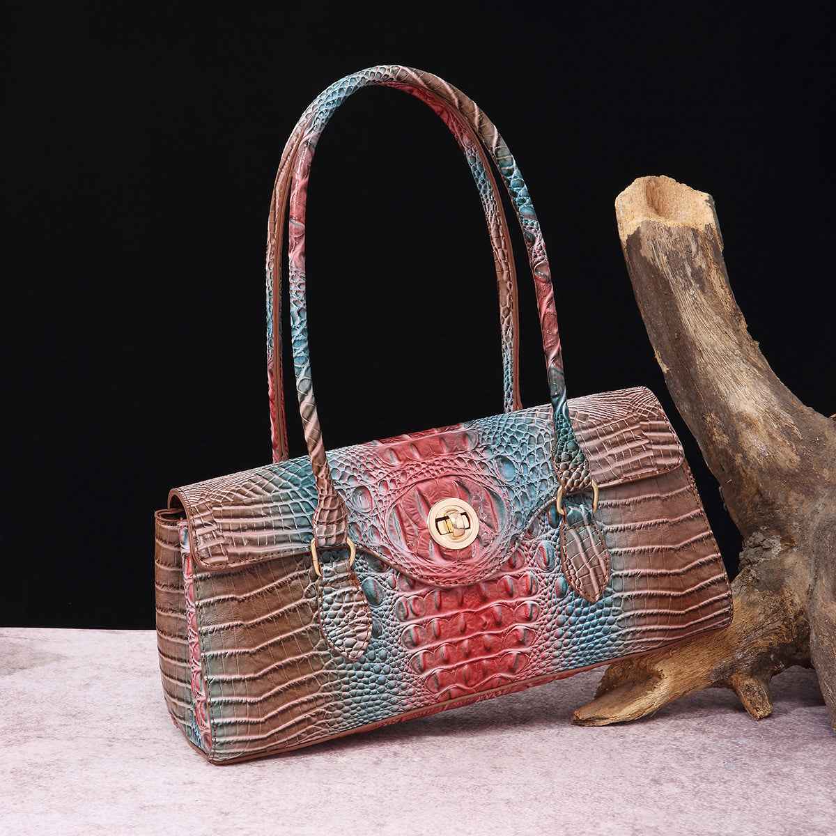 Womens Crocodile-Print Brahmin Shoulder Tote Bag