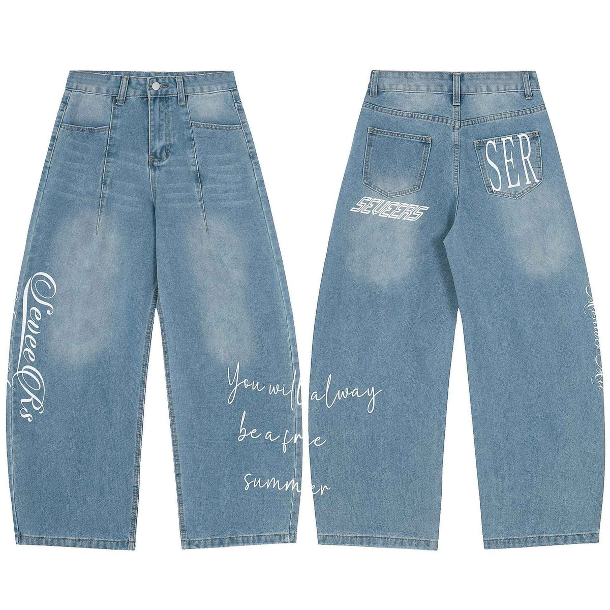 Korean-style Light-wash Wide-leg Denim Jeans For Women