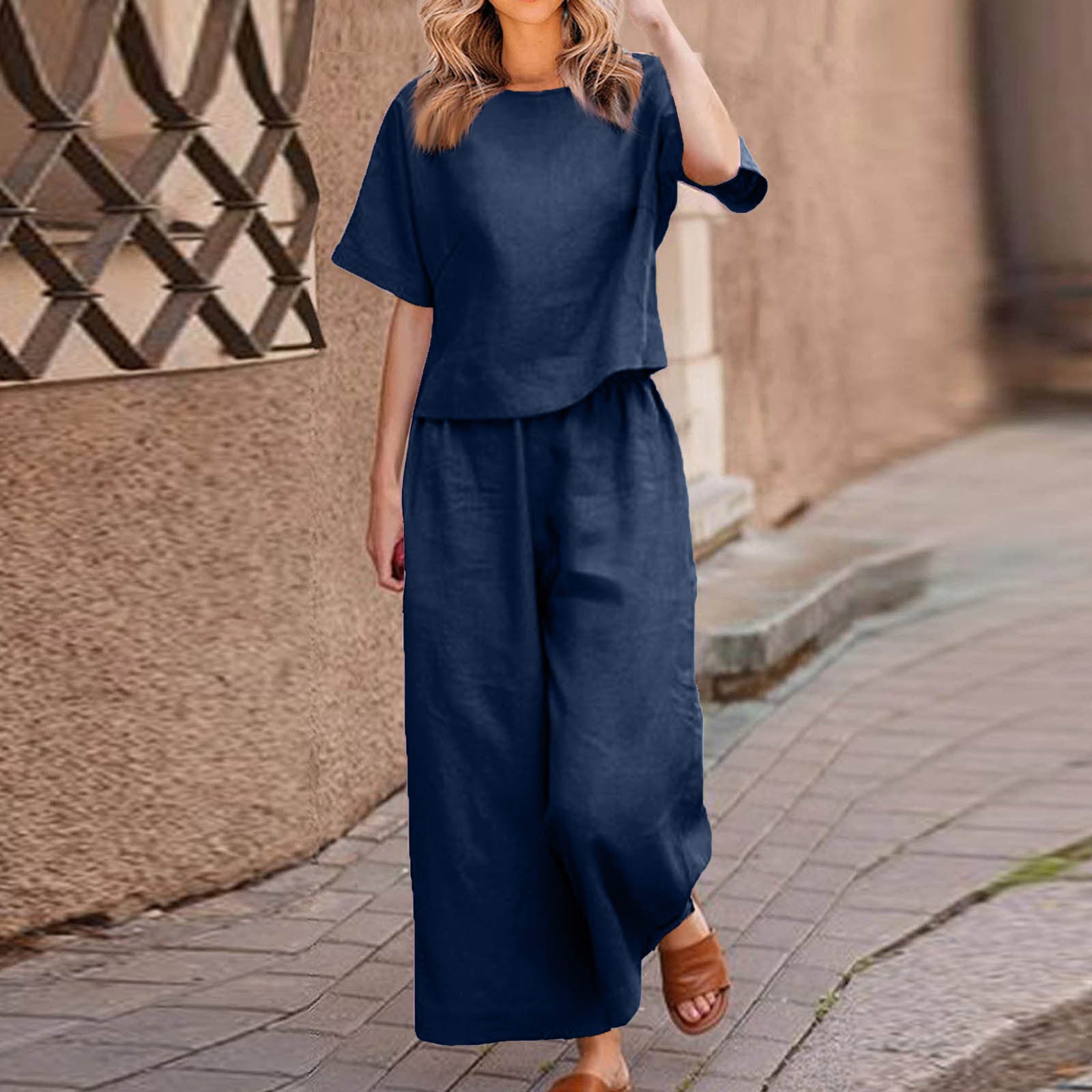 European And American Women's Linen Casual Loose Solid Color Suit Two-piece Women by Mirlaine Univers