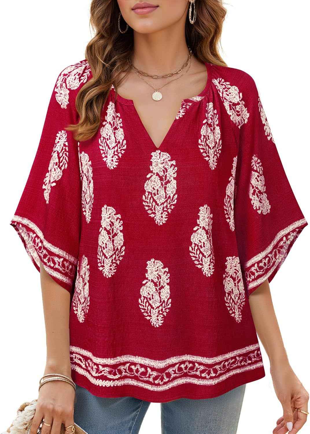 V-neck Printed Bohemian Country-Style Casual Loose Summer Top
