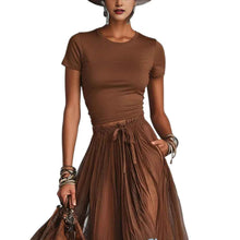 Short-sleeve Top And Lace-panel Midi Skirt Set
