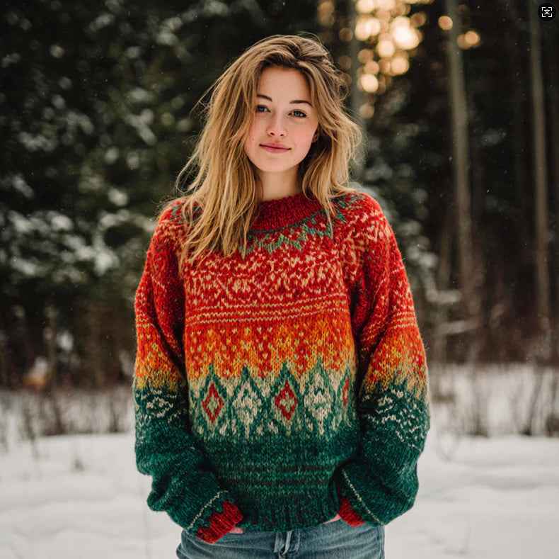 Womens Printed Crew-Neck Sweatshirt In A Sweater-Look Style