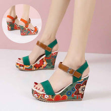 Fashion Flowers Embroidered High Wedge Sandals For Women Summer Toe Platform Buckle Shoes