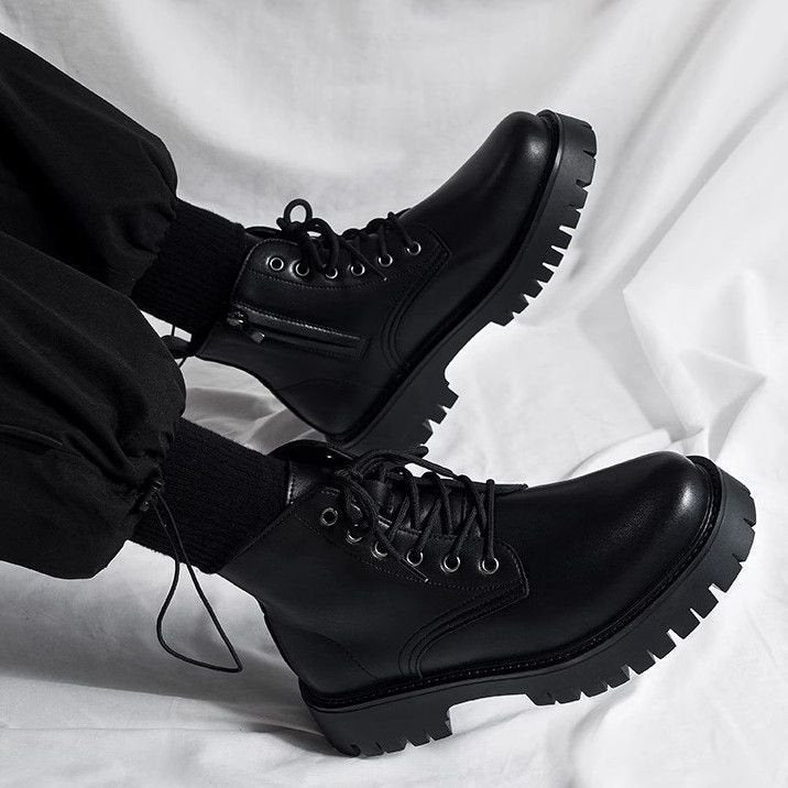 Men's High-top Side Zipper Leather Shoes Black Mid-Top Increased By Worker Boot by Mirlaine Univers