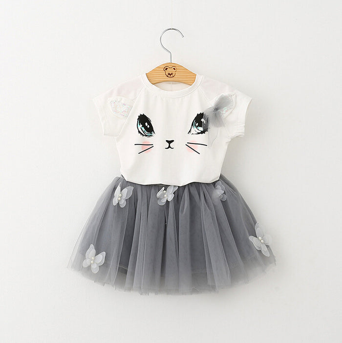 Girls Cat T Shirt Butterfly Beaded Puffy Skirt Set