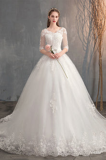 Wedding Dress Trailing Deep V Neck Lace High Waist Wedding Dress Long Sleeves by Mirlaine Univers