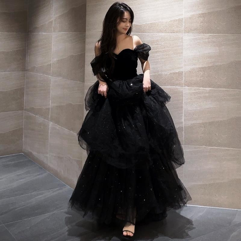 Black Evening Dress Light Luxury Minority French Style Pettiskirt by Mirlaine Univers