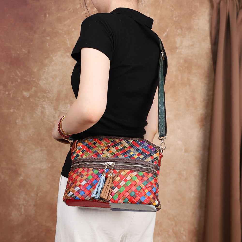 Womens First-Layer Colored Leather Shoulder Bag With Woven Design