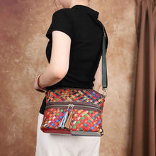 Womens First-Layer Colored Leather Shoulder Bag With Woven Design