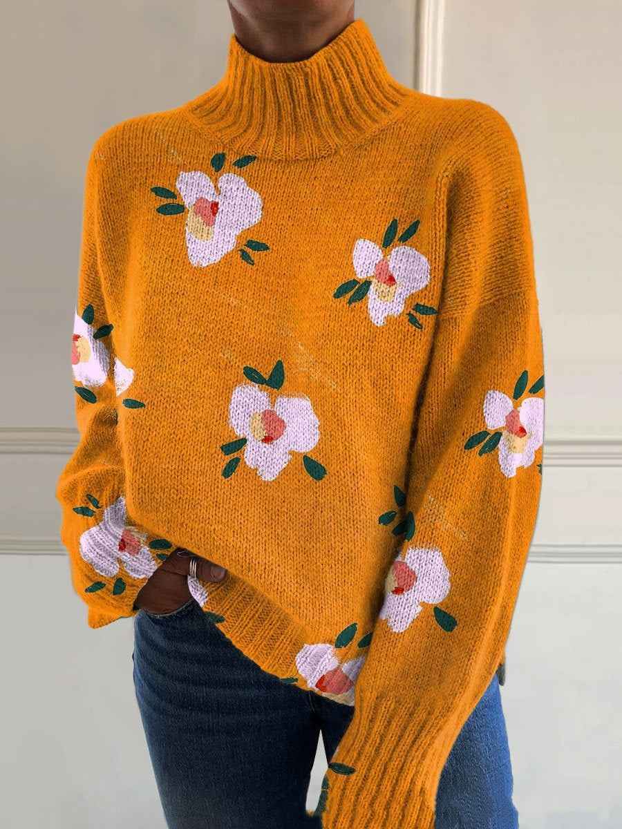 3D Floral Pattern Printing Independent Station High Neck Long Sleeve Sweaters