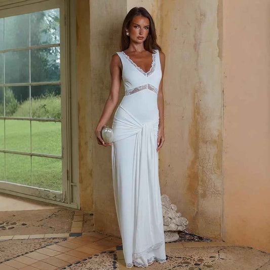 Lace-trimmed V-neck Slim-fit Elegant Chic Long Dress With Ribbons