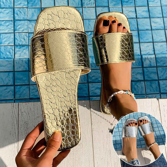 Sandales plates à bout carré et texture crocodile pour femme - Pantoufles et chaussures de plage pour l'été et les vacances en bord de mer