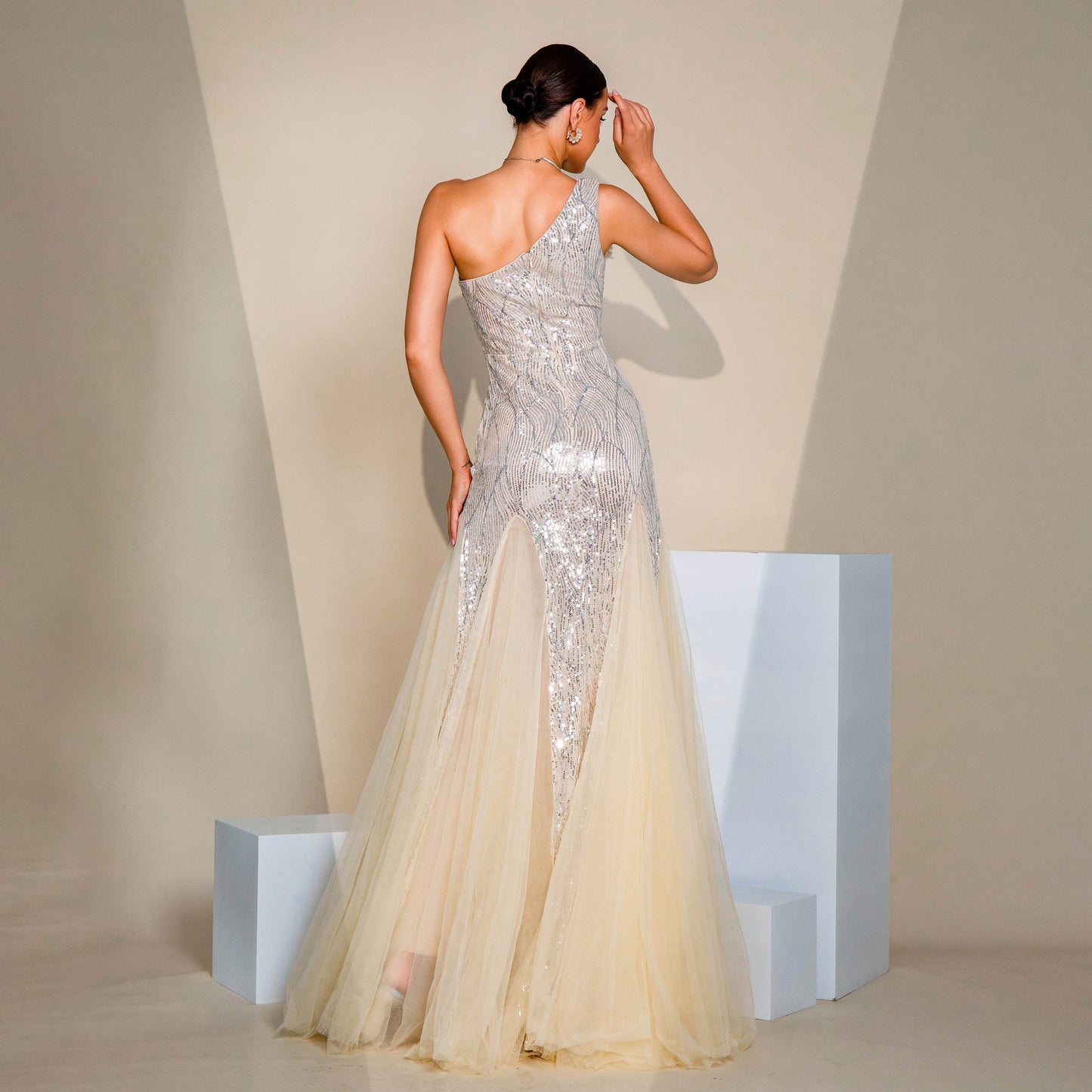 One-shoulder Diagonal Collar Slim-fit Sheath Sequined Slit Evening Dress by Mirlaine Univers